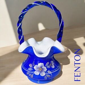 Fenton Glass 95th Anniv Legacy Collection Cobalt Blue Floral Basket Signed (EUC)
